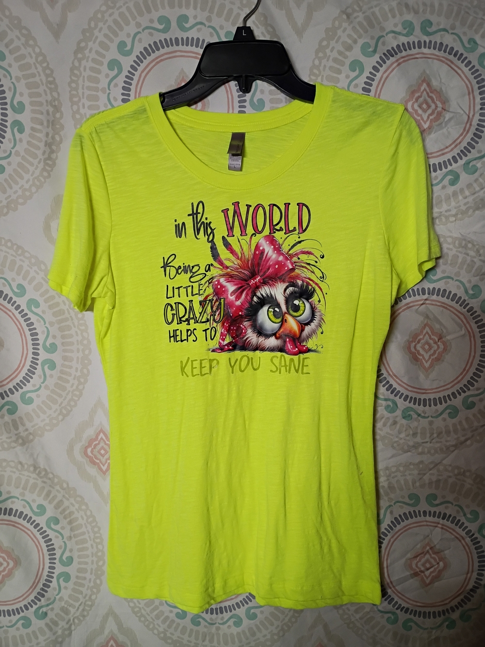 Next Level Apparel Neon Yellow Short Sleeve Tee with Colorful Owl Graphic